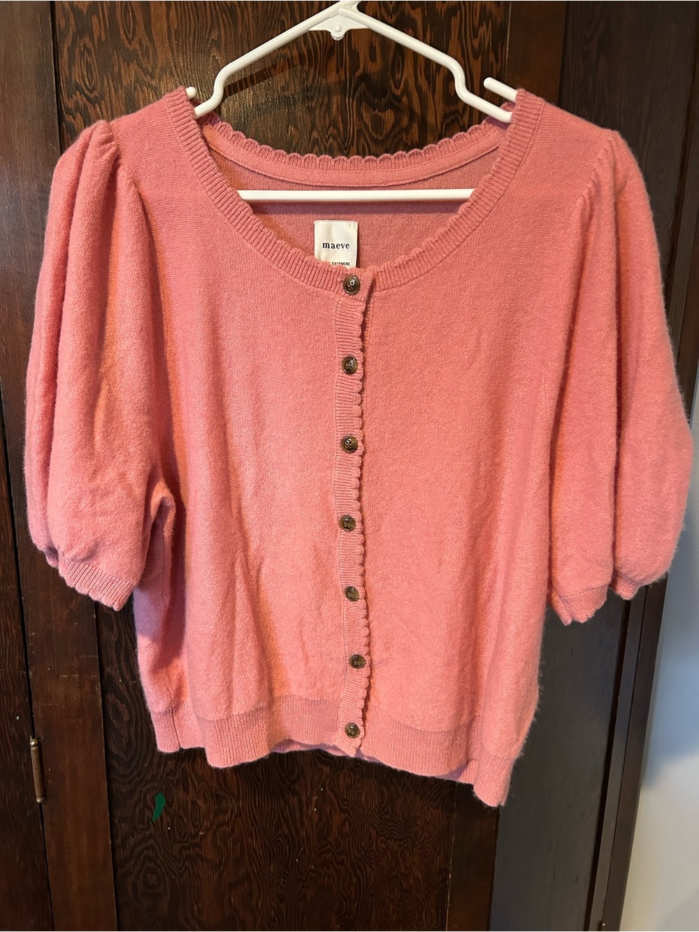 Maeve Pink Button-Front Puff Sleeve Cashmere Cardigan